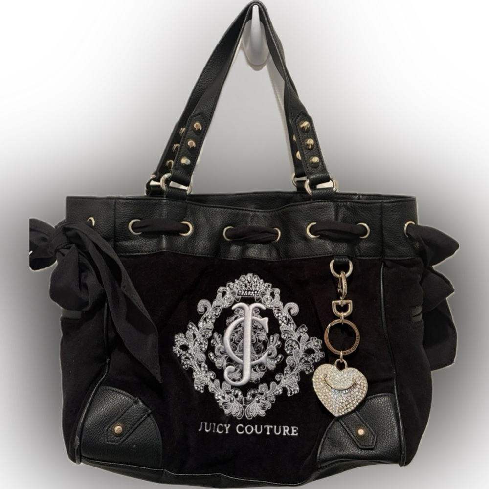 Y2K Juicy Couture Black Tote with Embroidered Crest and Heart Charm